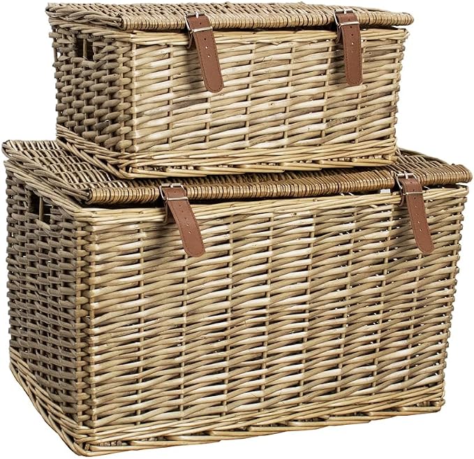 2er-Set Rattan Aufbewahrungskörbe mit Deckel | Natur