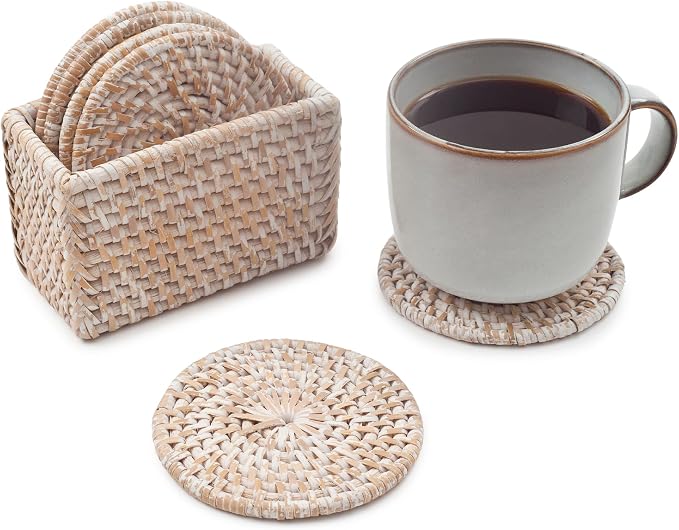 Rattan-Untersetzer Weißgekalkt mit Halter | 6er-Set