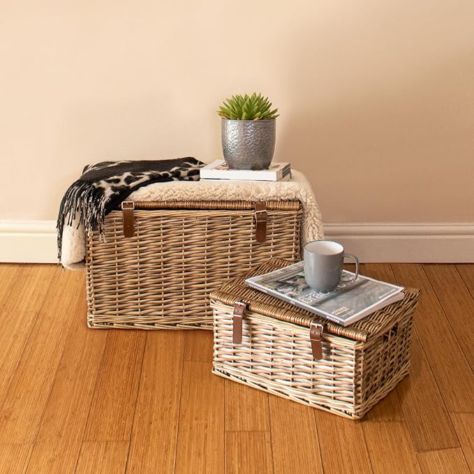 2er-Set Rattan Aufbewahrungskörbe mit Deckel | Natur