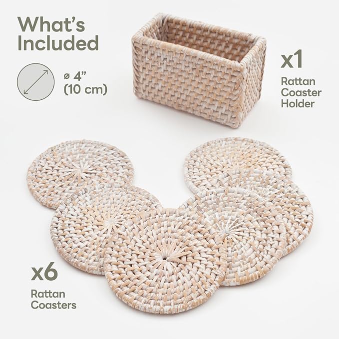 Rattan-Untersetzer Weißgekalkt mit Halter | 6er-Set