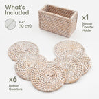 Rattan-Untersetzer Weißgekalkt mit Halter | 6er-Set