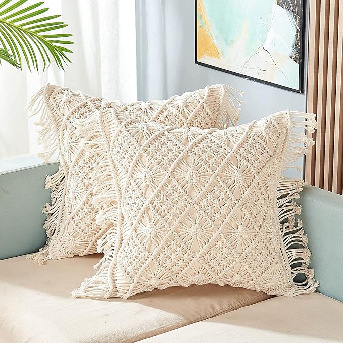 Makramee Kissenhülle 40 × 40 cm Cremeweiß | Boho