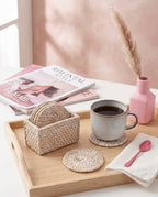 Rattan-Untersetzer Weißgekalkt mit Halter | 6er-Set