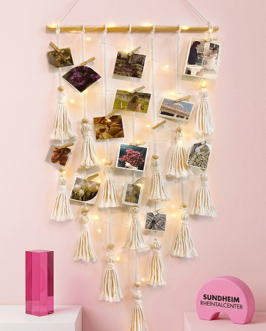 Makramee Fotohalter mit LED-Licht | Boho Wanddeko