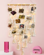 Makramee Fotohalter mit LED-Licht | Boho Wanddeko