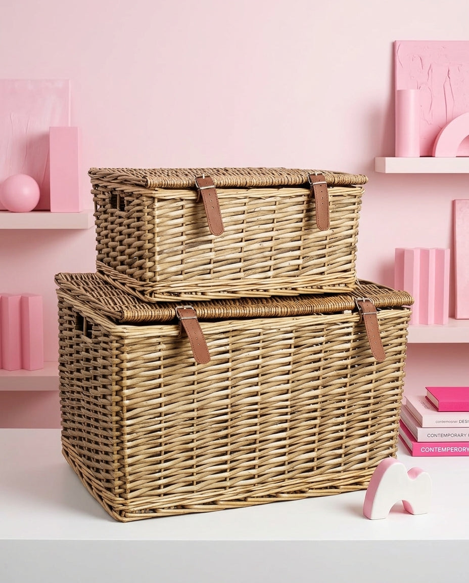 2er-Set Rattan Aufbewahrungskörbe mit Deckel | Natur